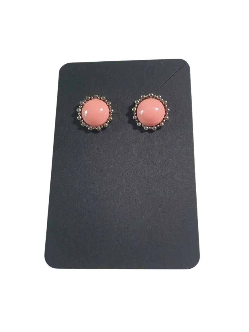 Pink Round Stud Earrings Bead Rimmed Settings Post Backing Silver Tone Minimalis